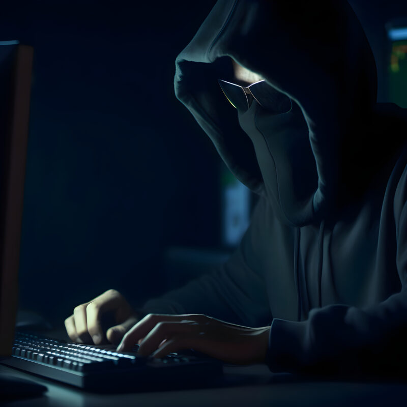 hooded hacker stealing data from computer night cybercrime concept